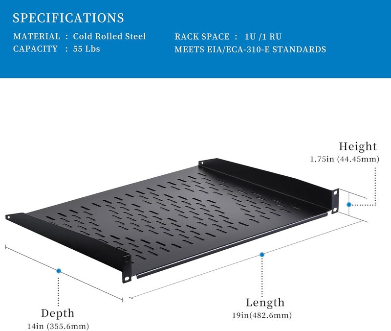 RackPath 1U Cantilever Universal Rack Shelf - 14in Deep – Rackmount Shelf for 19’’ AV/Network Equipment Racks – 55lbs Capacity - 2Pack - Image 2
